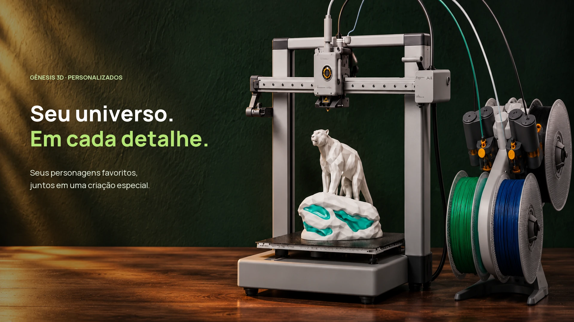 Gênesis 3D. Seu universo. Em cada detalhe. . Seus personagens favoritos, juntos em uma criação especial. Impressora 3D com peça em produção e filamentos, conforme a imagem enviada