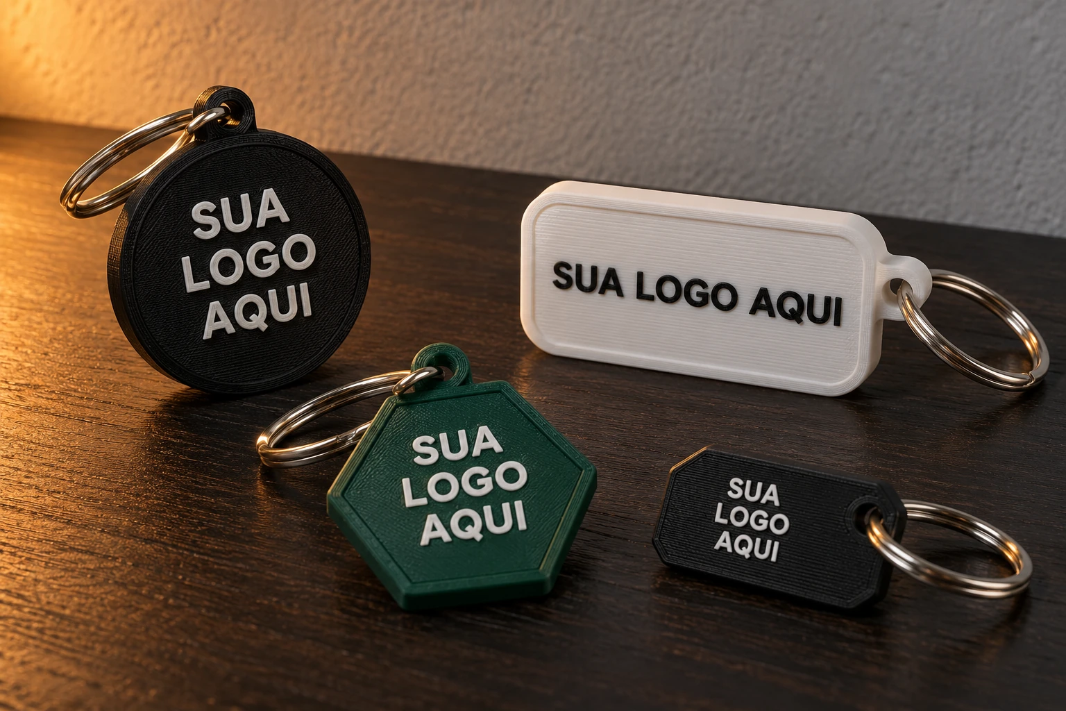 Exemplo ilustrativo de quatro chaveiros com a frase Sua logo aqui